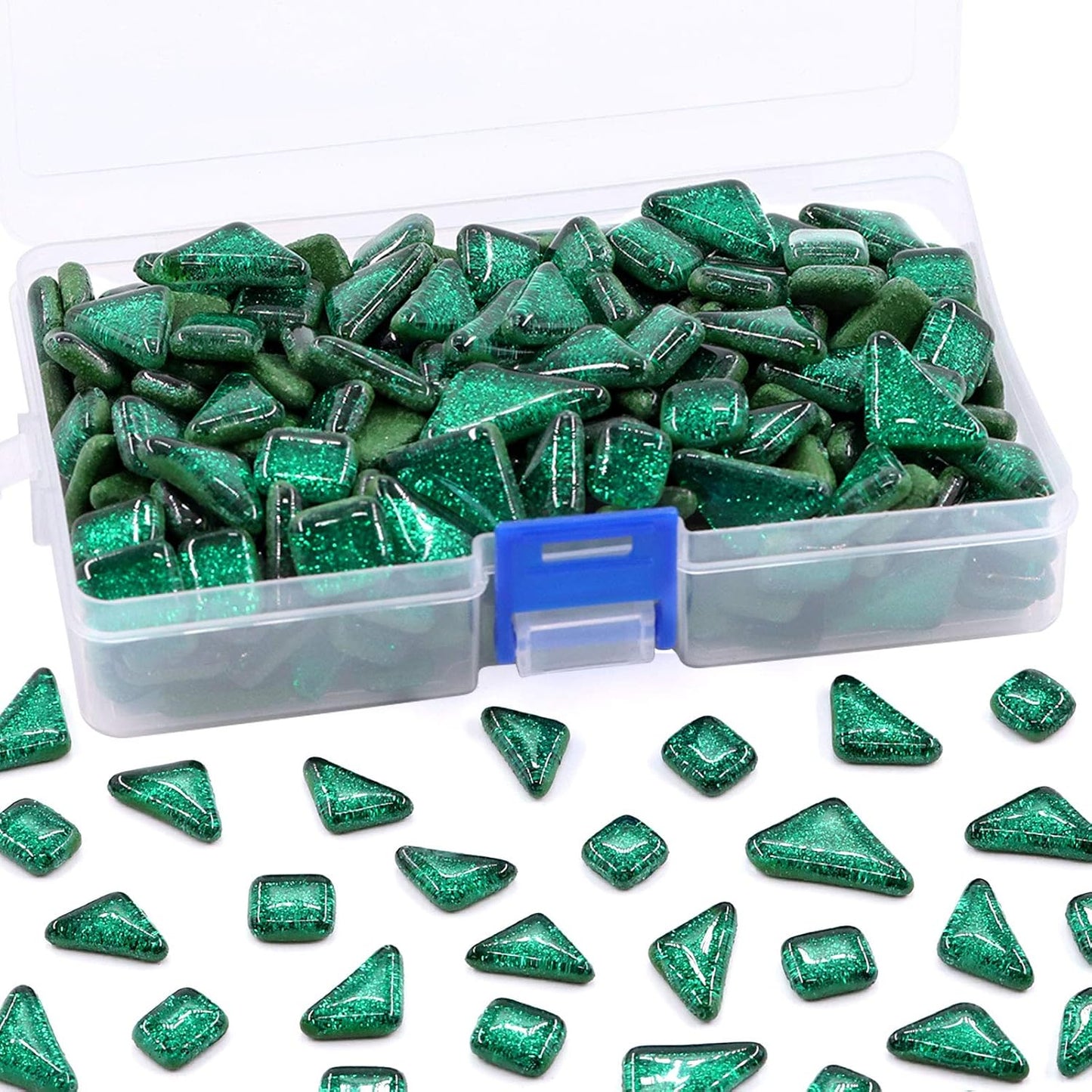 Swpeet 1 Pound Deep Green Shine Crystal Series Mosaic Tiles Assortment Kit, Square and Triangle Genuine Mosaic Tiles Glitter Crystal Mosaic Perfect for Home Decoration Crafts