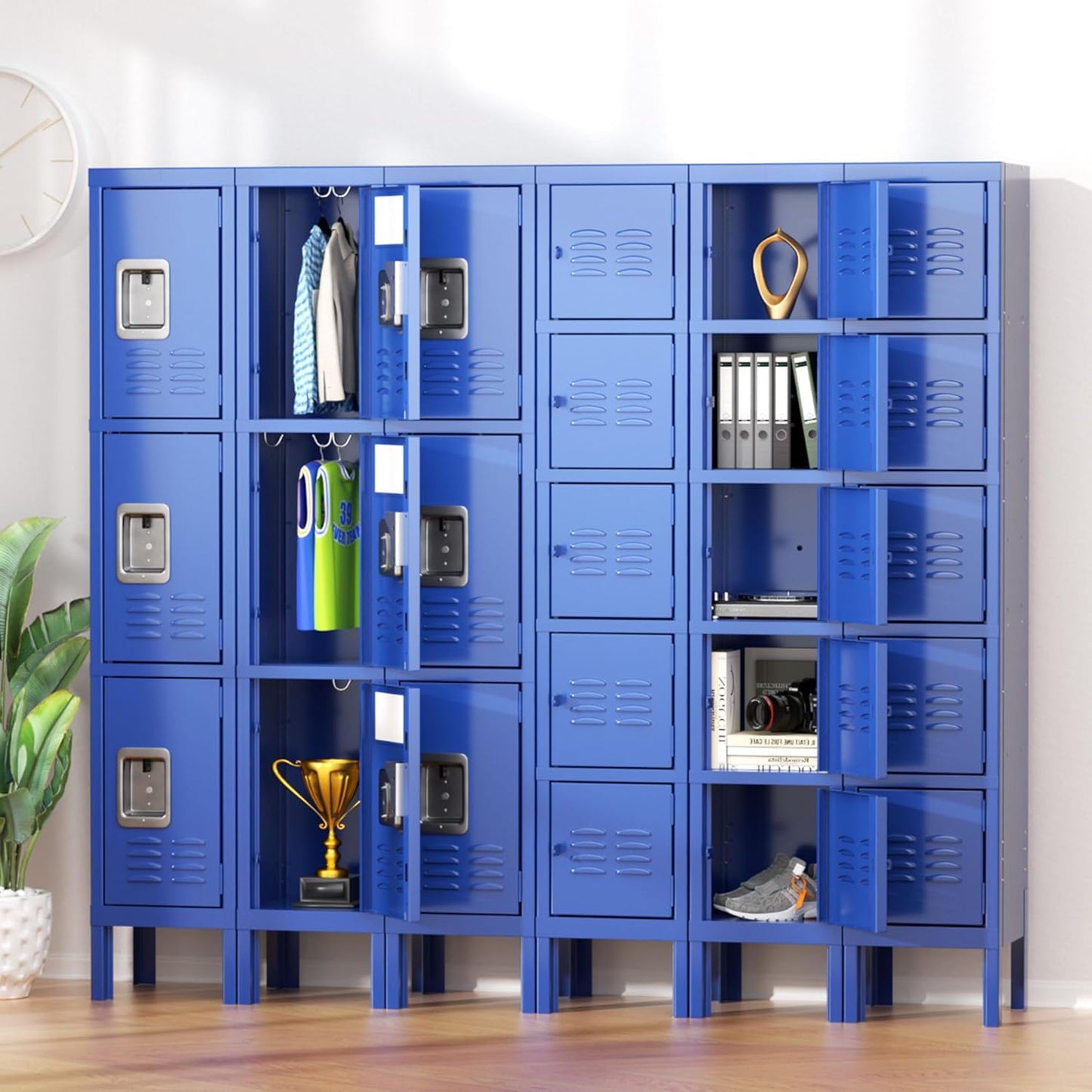Greenvelly Storage Locker for Employee,Office,Metal Gym Locker with 3 Door,Steel Blue Locker Cabinet Organization for School, Free Standing