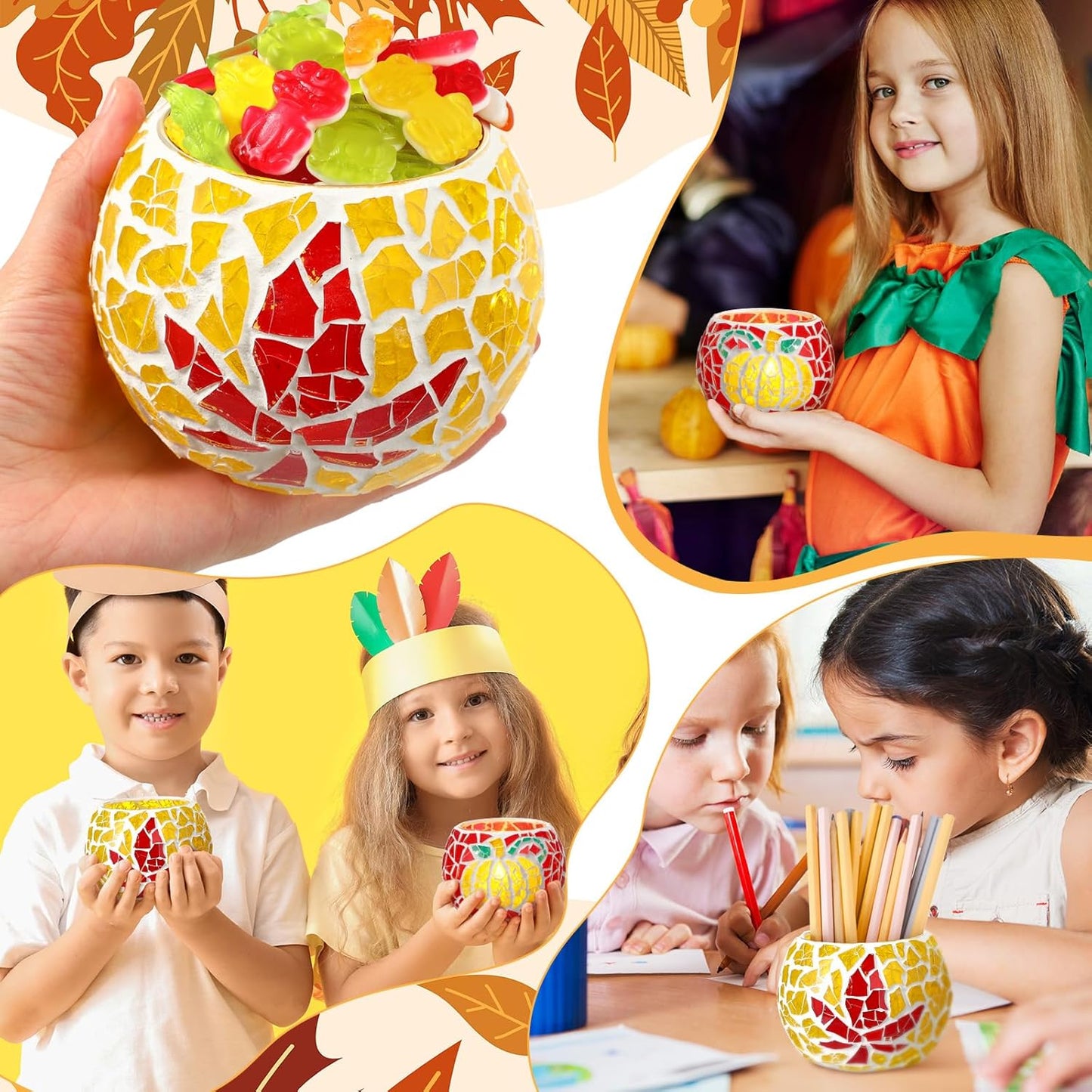 2 Set Glass Mosaic Candle Holder Kit Include Tea Light Holder, Glass Mosaic Tiles DIY Crafts Creativity Handmade Artwork for Adults Home Lighting Decor(Autumn Theme)