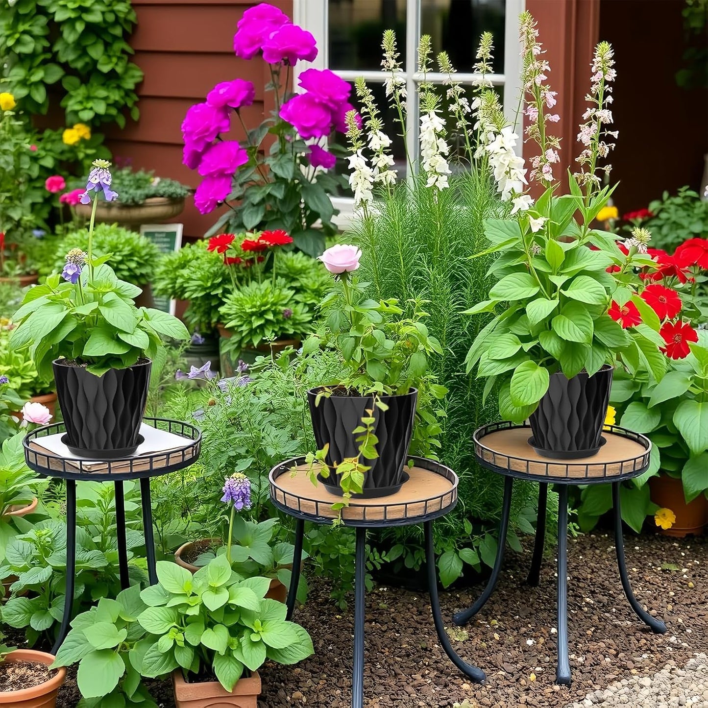 6 Pack 7 Inch Plant Pots with Drainage and Saucers, Black Plastic Flower Pots for Indoor and Outdoor Plants, Stackable Nursery Planters for Houseplants and Herbs, Black