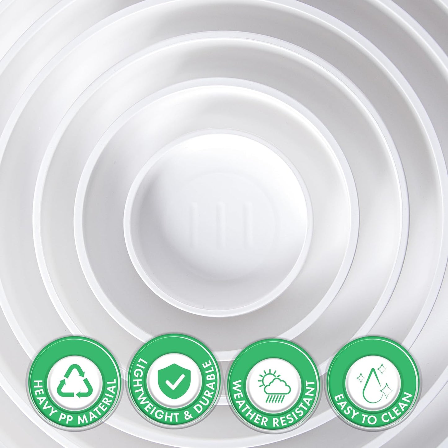 Phoenix Vine 4 Inch Plastic Plant Saucer Water Drip Tray, Heavy Sturdy Round Plant Drainage Tray for Indoors Outdoor, Set of 4, Matte White, 21-TY-4W-4