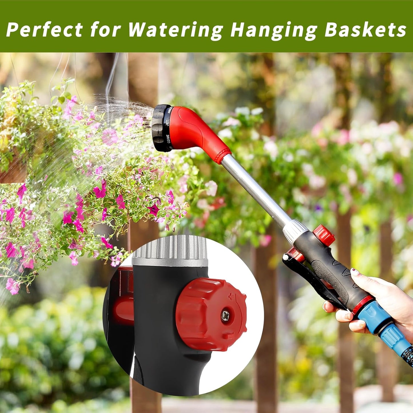 GREEN MOUNT Watering Wand, Heavy Duty Garden Hose Wand with 8 Spray Patterns, 16-Inch Hose Sprayer Nozzle with Flow Control, Ideal for Lawn and Garden Use, Red