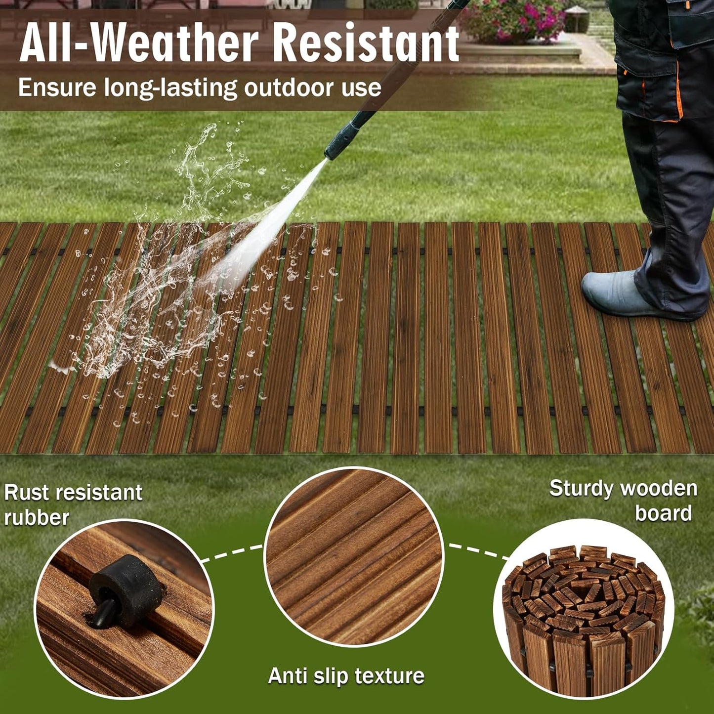 12FT Wooden Garden Pathway,Outdoor Roll Out Decorative Straight Walkway,Weather-Resistant Patio Path,Non-Slip Pavers Boardwalk for Garden, Backyard, Beach, Wedding Party Pathways