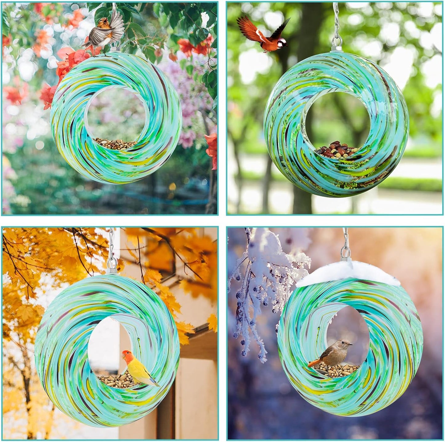 Yinns Glass Bird Feeders for Outside Hanging Fly Through Bird Feeder with Round Shape Solar Birdfeeder for Yard Garden Decor