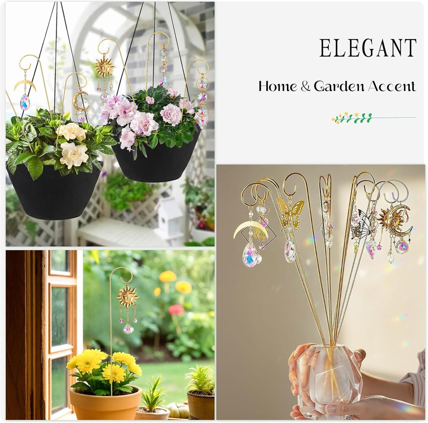 HDCRYSTALGIFTS 6PCS Small Trellis with Crystal Sun Catchers for Potted Plants, 13.5inch Fairy Garden Plant Stakes Suncatchers for Mini Potted Indoor Outdoor Decorations (Sun & Moon Styles)