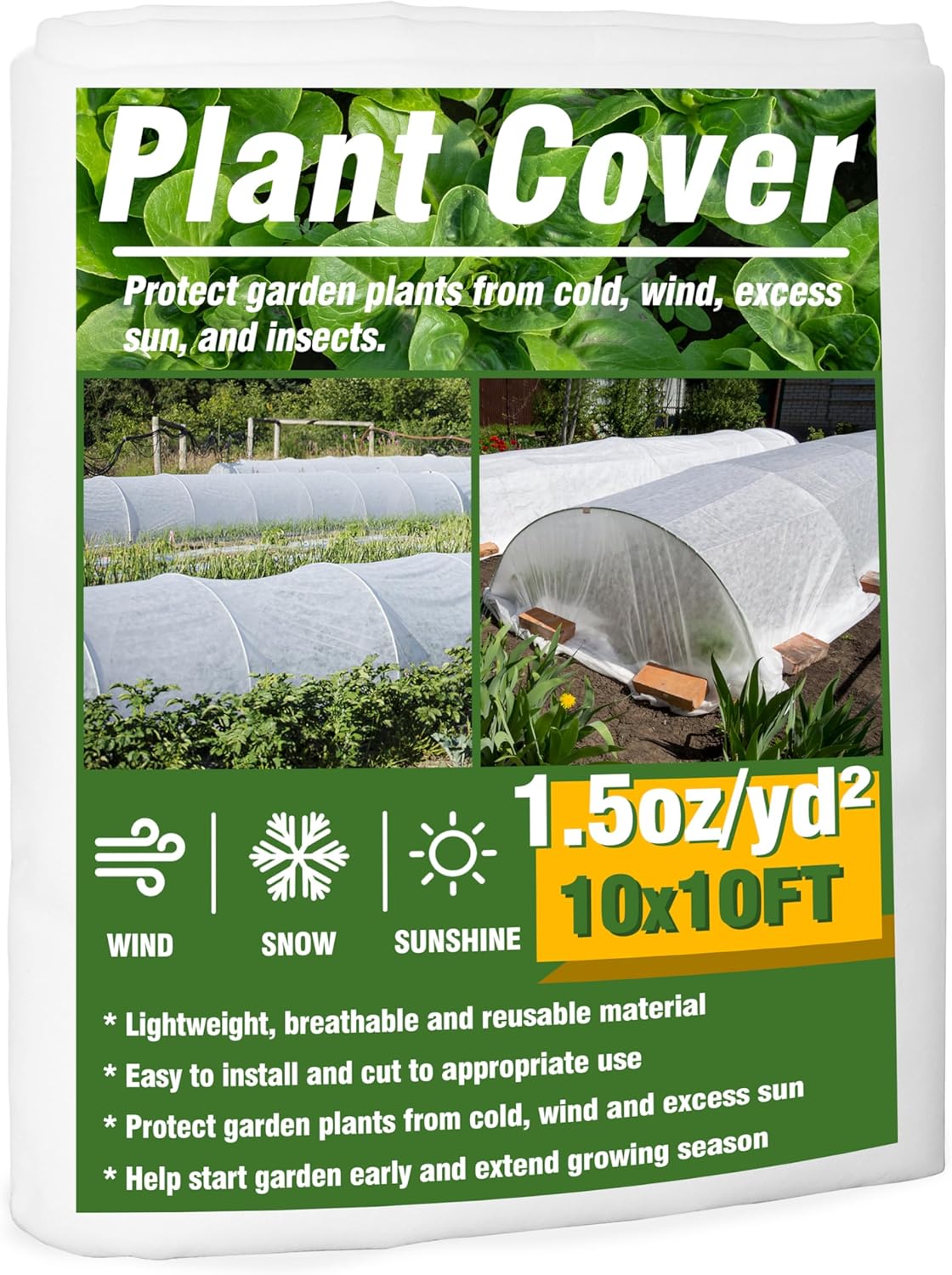 Gardzen 1.5 oz Plant Covers Freeze Protection, Reusable 10ft x 10ft Floating Row Covers, Thicker Frost Blankets for Outdoor Plants, Pests Protection, White