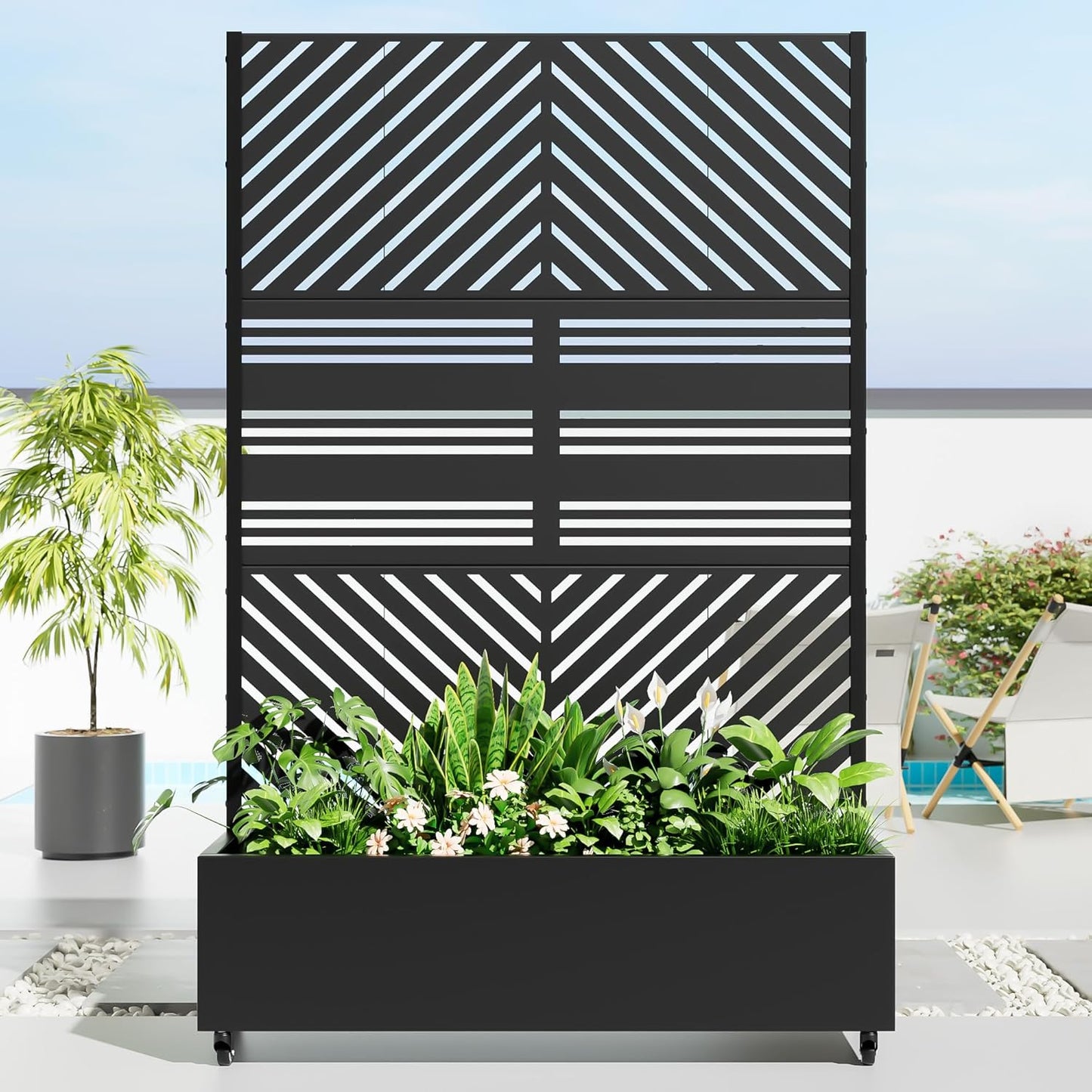 Casaphoria Metal Raised Garden Bed with Trellis and Wheels, 72"x47"x16" Planter Box for Climbing Plants, Vegetables & Vines, Features Drainage Holes and Privacy Screen, Black(Parallel&Harold)
