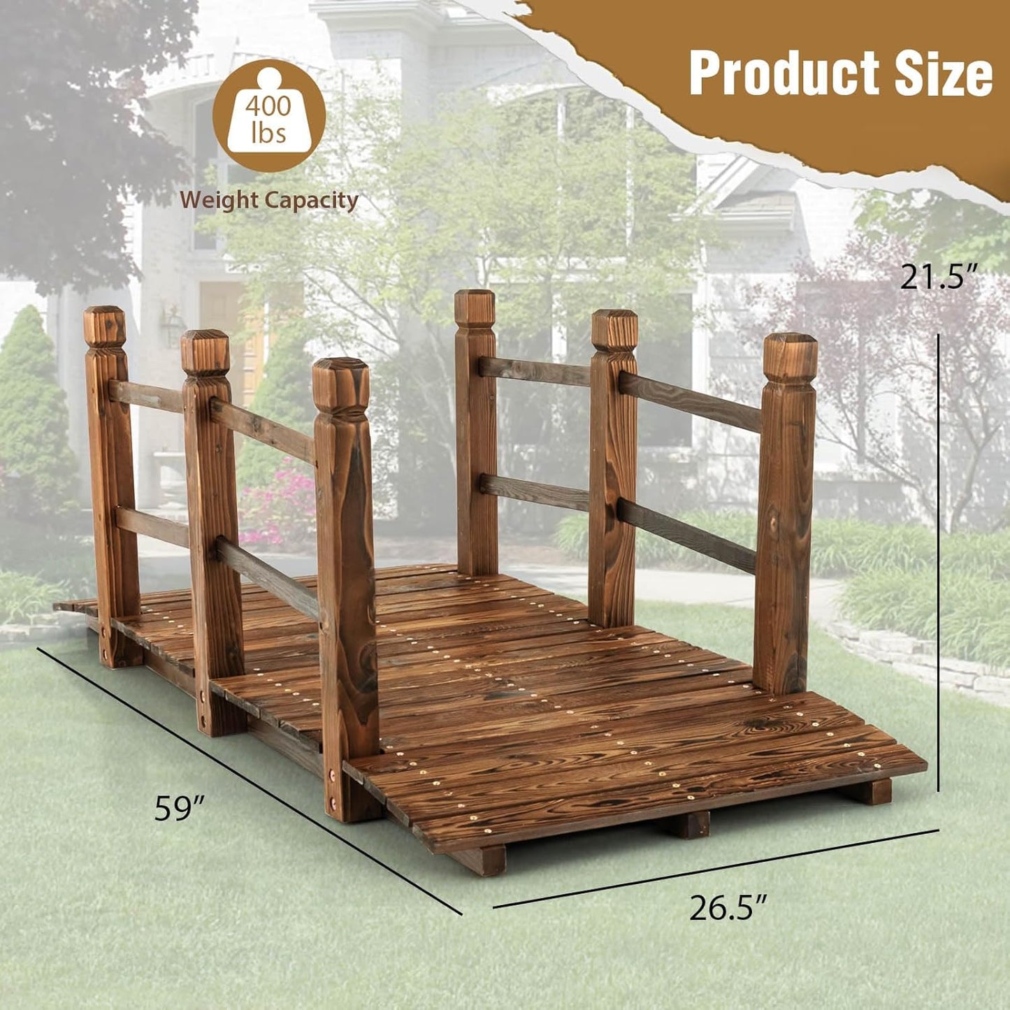 Giantex 5 ft Garden Bridge - Stained Wood Arc Footbridge Walkway with Side Railings, Decorative Wooden Bridge Landscaping for Backyard Farm Garden Creek Pond Decor, Easy to Assemble (Stained Brown)
