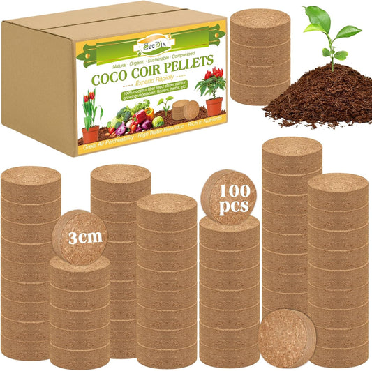 ZeeDix Organic Coco Coir Pellets Potting Soil, 100pcs 30mm Compressed Coconut Fiber Seed Starter Soil Pellets, Coco Peat Soil Discs for Indoor Ourdoor Plants, Herbs, Houseplants, Flowers, Vegetables
