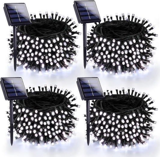 4 Pack 180FT Solar Christmas Lights Outdoor Waterproof, Super Bright 320 LED Solar String Lights with 8 Lighting Modes, Green Wire Twinkle Tree Light for Outside Xmas Party Decorations (Cool White)