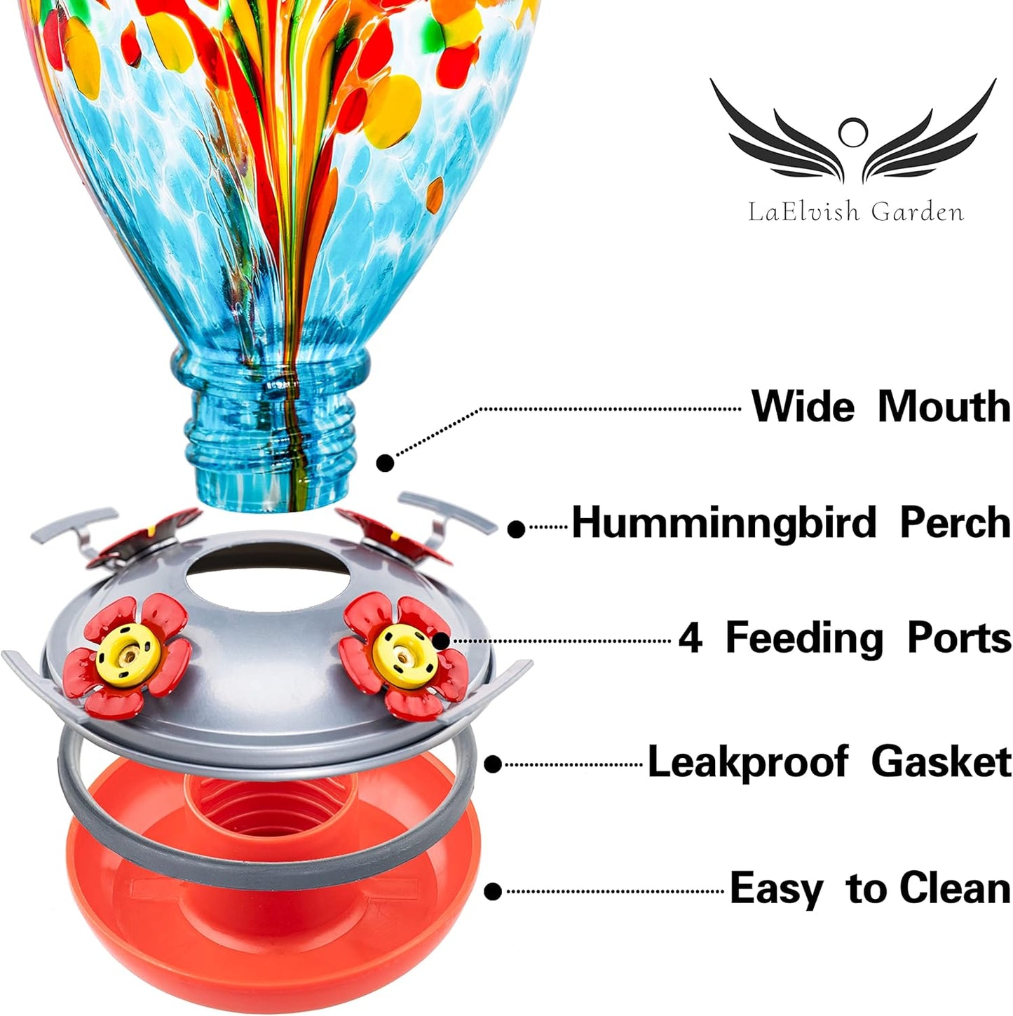 Hummingbird Feeder, 34OZ Hand Blown Glass Hummingbird Feeders for Outdoors Hanging, 4 Feeding Perch with Ant Moat Leakproof, Garden Yard Decor Gifts for Women Mom (Holiday Balloon)