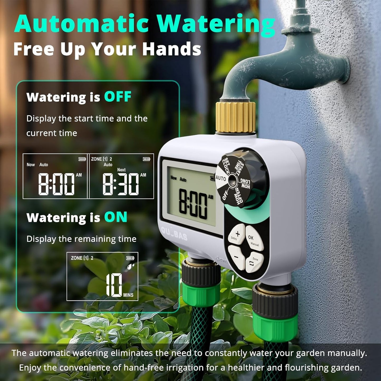 QUOBAS 2 Zone Sprinkler Timer with Brass Inlet & Outlet, Programmable Water Timer for Garden Hose with Rain Delay/Manual Watering/Automatic Irrigation Controller System for Yard, Lawn