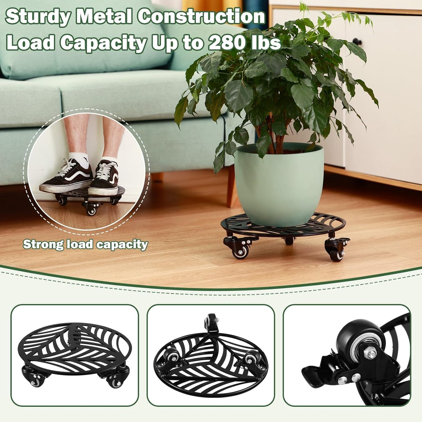 2 Packs 12" Large Metal Plant Caddy with 3 PU Metal Wheels Heavy-duty Wheeled Rolling Plant Stands with Casters Indoor Outdoor Flower Pot Roller Base Planter Dolly Coaster Movers Black, Strong Load Capacity