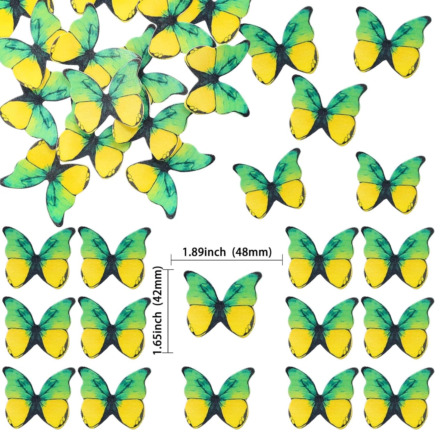Ephlyn 48Pcs Edible 3D Cute Butterfly Cupcake Toppers for Baby Shower, Bridal Shower, Boys Girls Birthday Party Cake Decorations Supplies - Yellow, Green