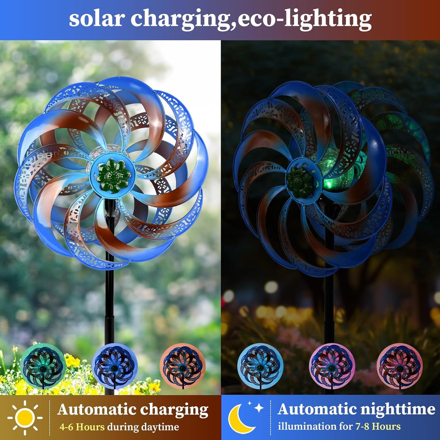 Wind Spinners Outdoor Clearance for Yard and Garden Metal Wind Spinners Outdoor 75 in Kinetic Art with Solar Powered Multi-Color Glass Ball Light for Backyard Lawn Decorations