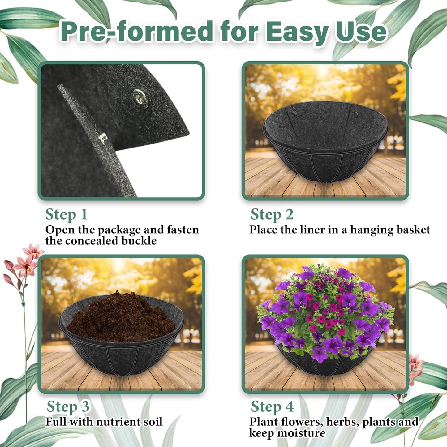 Riare 8 Pack 12 Inch Round Fabric Planter Basket Liner- Hanging Basket Liners Replacement Coco Fiber Liner Alternative for Hanging Basket Flowers (Prevent Birds from Nesting)