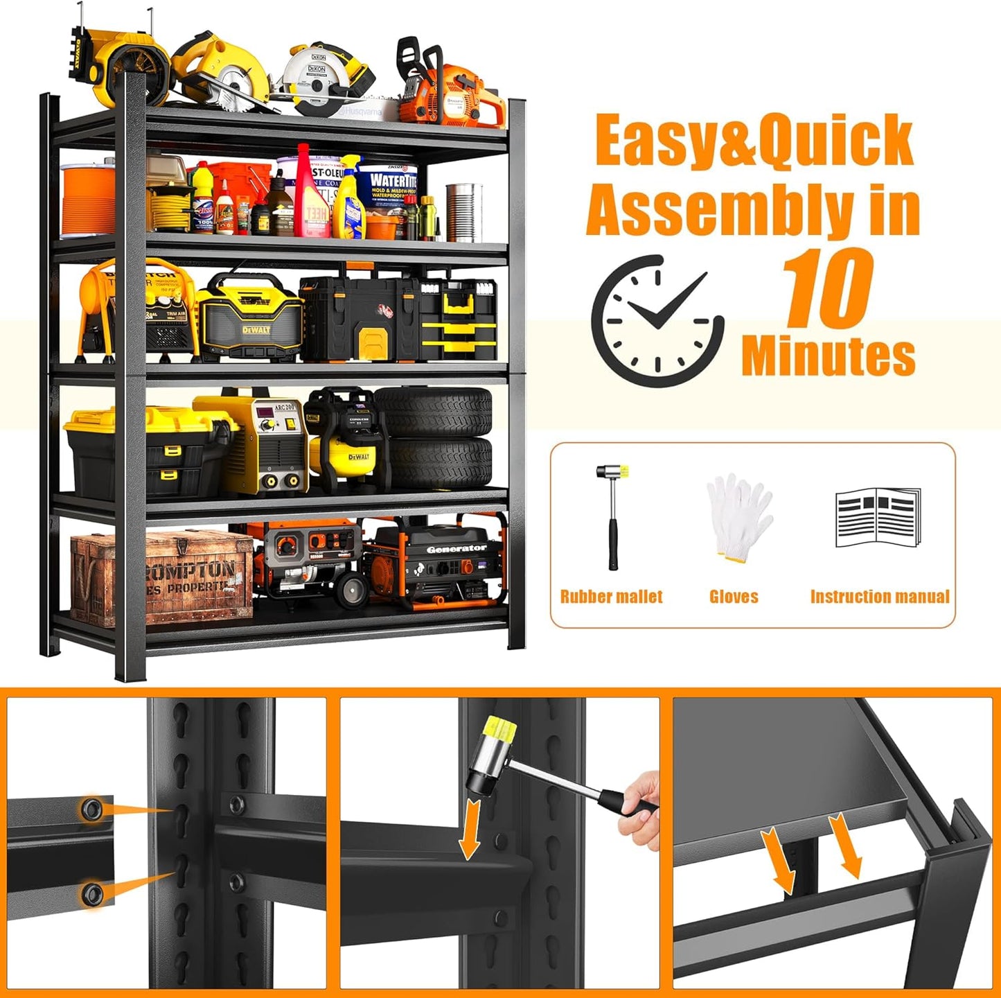 46''W Garage Shelving Heavy Duty Garage Storage Shelves, 3000 LBS Adjustable 5 Tier Industrial Shelving Unit, Metal Utility Shelf for Basement, Warehouse and Workshop (72''Hx46''Wx20''D, Black)