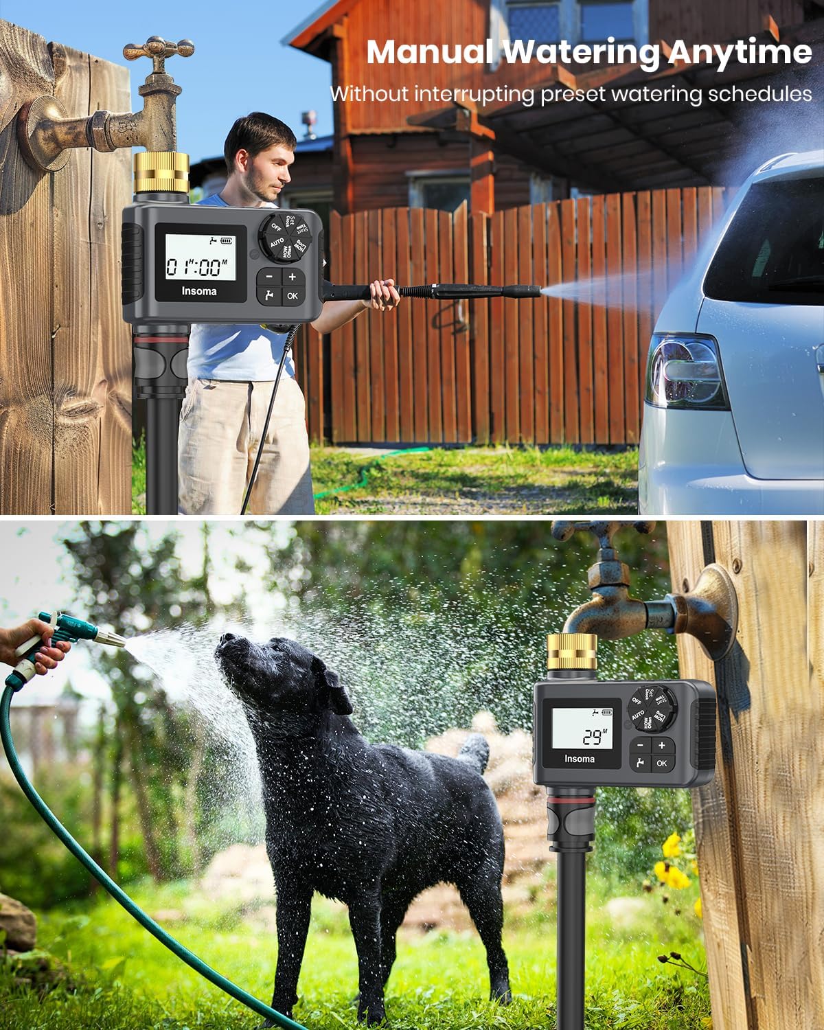 2 PCS Water Timer with Brass Inlet, Water Sprinkler Timer with Rain Delay/Manual/Automatic Drip Irrigation and Lawn Watering System for Yard