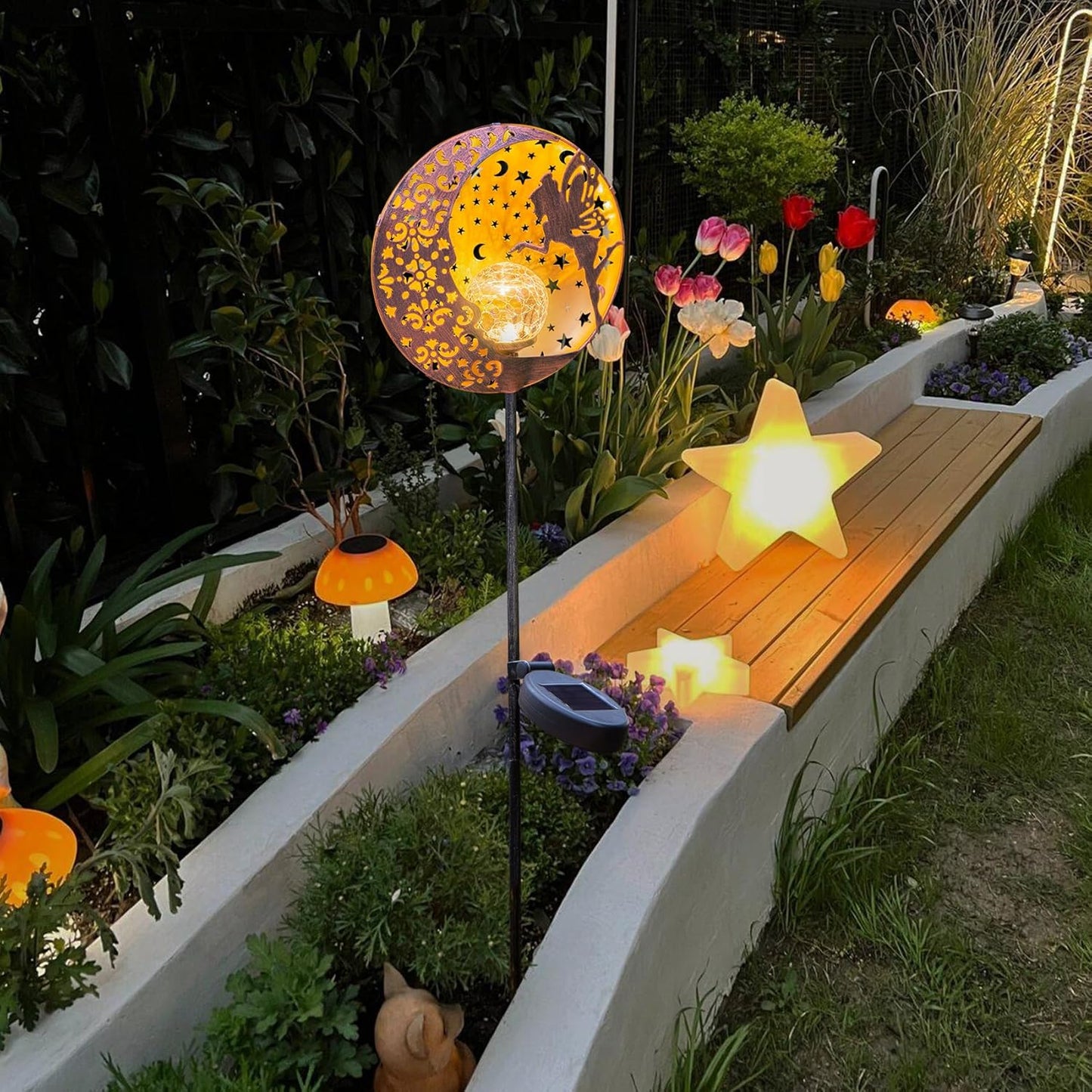 Tryme Solar Fairy Garden Lights - Moon Star Glass Globe Pathway Stake, Waterproof Outdoor Decorative Lights for Patio, Yard, Lawn