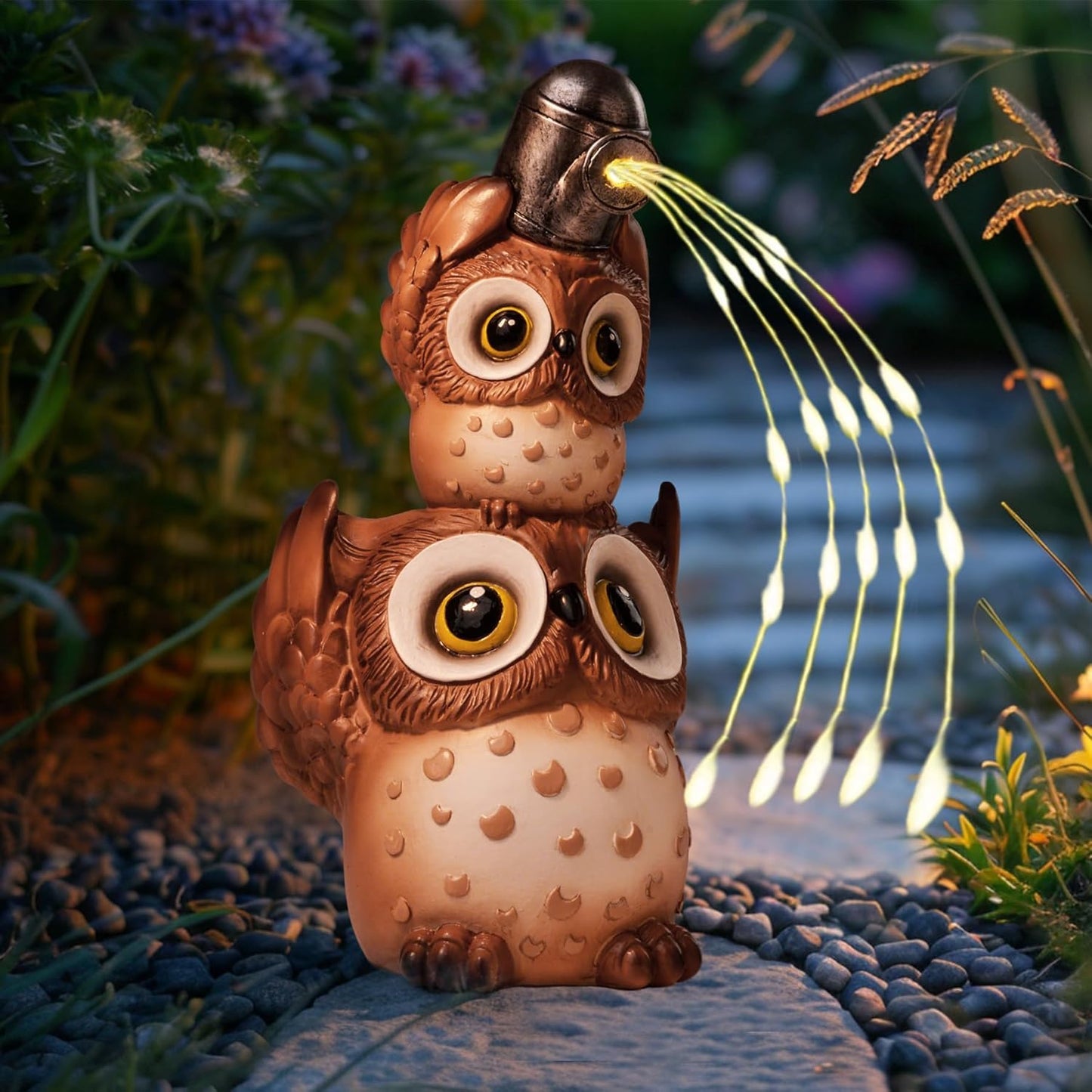 Solar Garden Statues Outdoor Decor, Watering Owl Statue Garden Decor, Resin Yard Decorations Outdoor for Patio, Porch, Balcony, Lawn Ornaments, House Warming Birthday Gifts for Mom Women Grandma