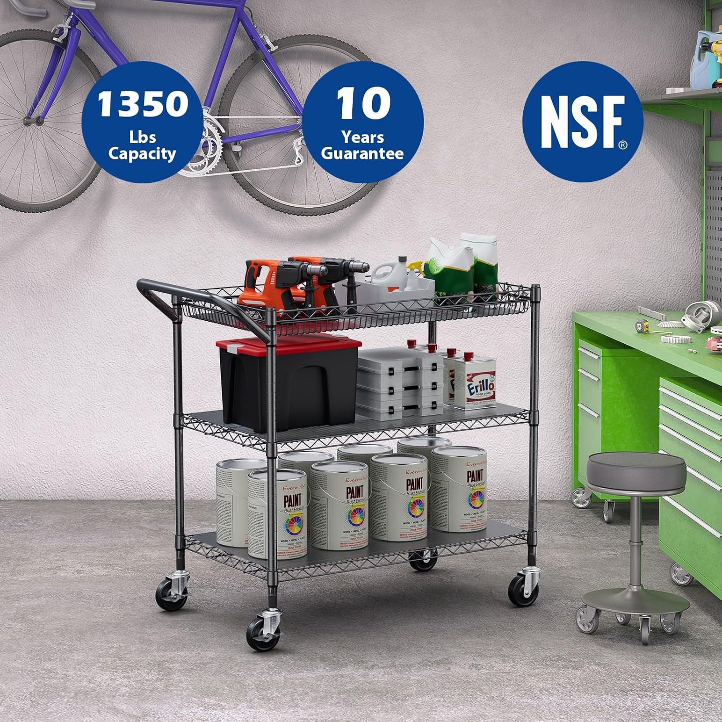 WDT 1350Lbs Capacity Heavy Duty Rolling Utility Cart, Large 3 Tier Rolling Carts with Wheels 24" Dx45 Wx39 H, NSF Commercial Grade Roll Metal Cart, Trolley Serving Cart for Garage, Kitchen, Warehouse