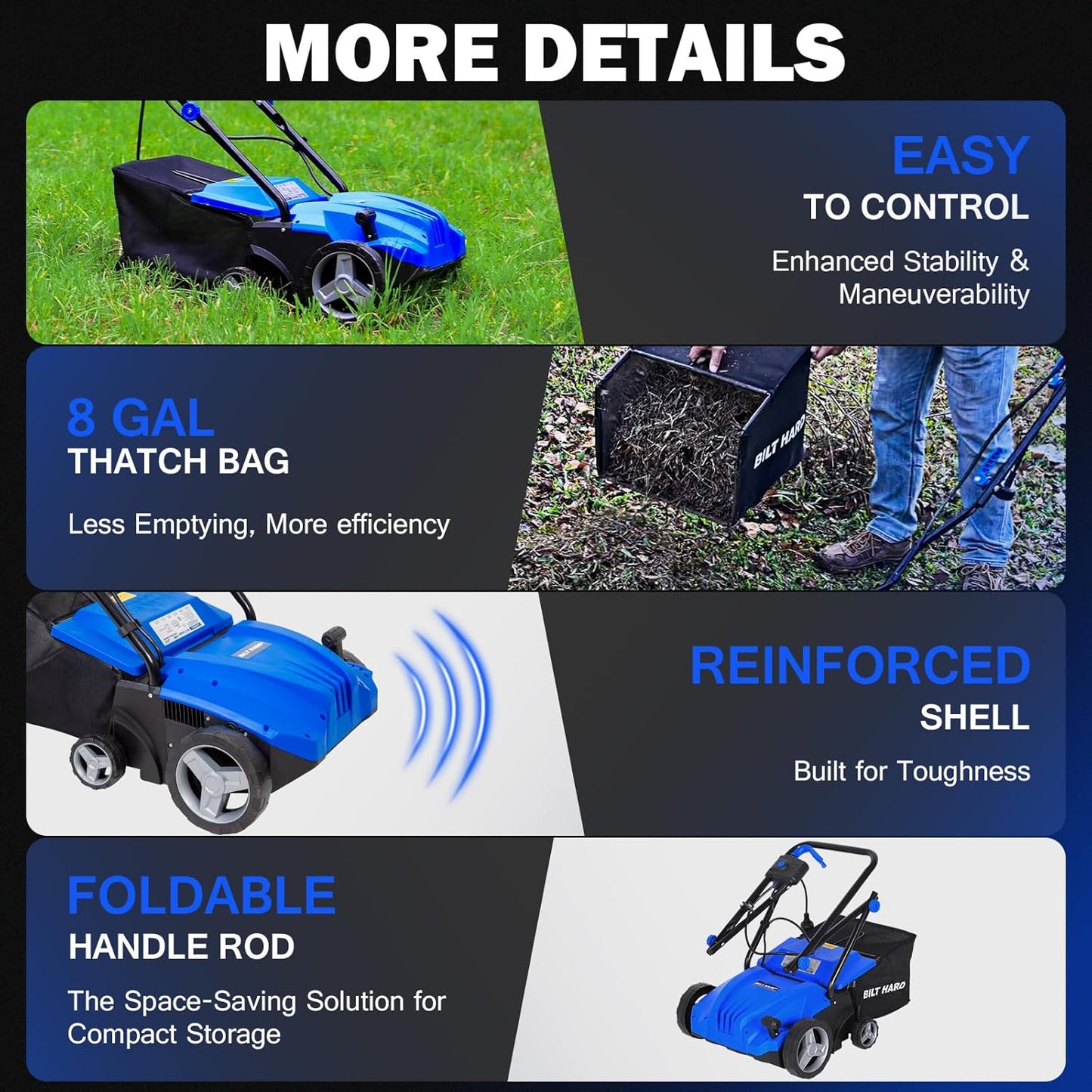 BILT HARD Dethatcher Scarifier Electric Powered, 12 Amp Copper Motor 13 inch Raking Width, 8 gal Thatch Bag, 2 in 1 Walk Behind Thatch Removing Machine for Lawn