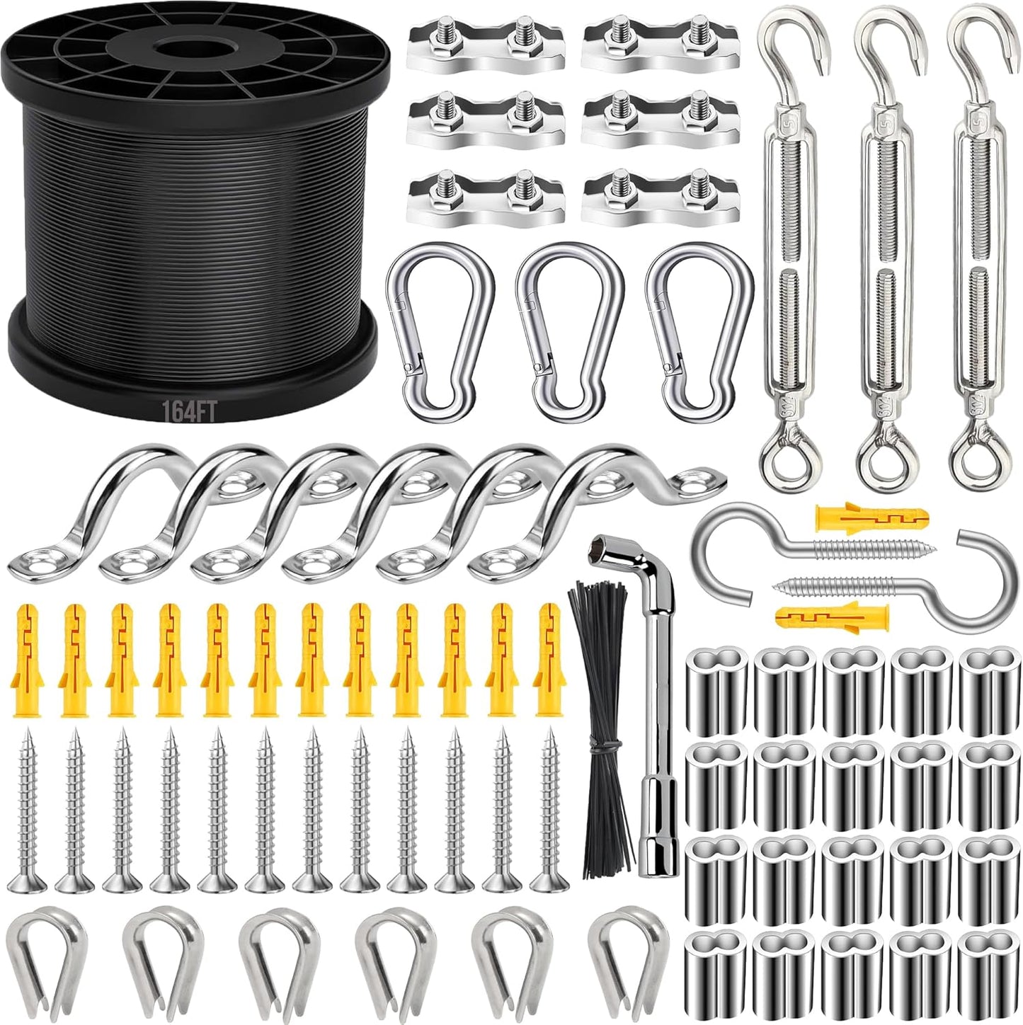164FT Black Vinyl-Coated 304 Stainless Steel Cable – Heavy Duty String Lights Hanging Kit with Turnbuckle, Thimble & Hooks for Outdoor, Patio, Garden, Christmas Lights