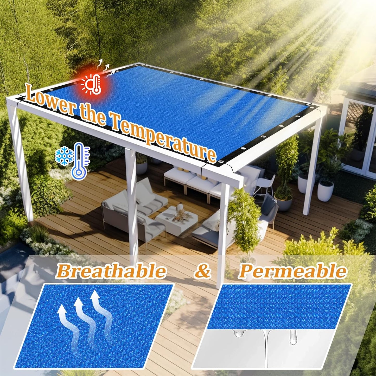 Shade&Beyond Customized Size 90% Sun Shade Cloth with Grommets, 5' X 8' Pergola Shade Cover Canopy, Mesh Tarp Sun Screens for Patio, Outdoor, Garden, Backyard GN01, Blue