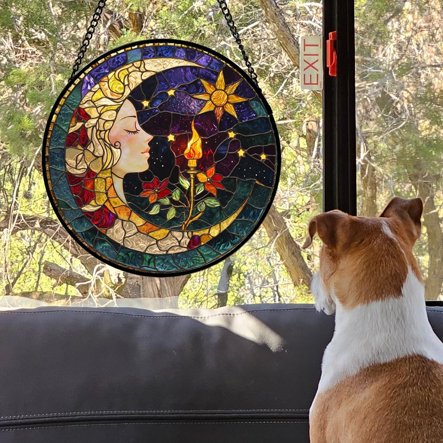 Stained Glass Window Hanging, Moon Goddess Torch Suncatcher Diamond Glass Panel Hangings Dream Sun Catchers Decor for Birthday for Women, Men, Wife, Aunt, and Mom 14.9x14.9 in