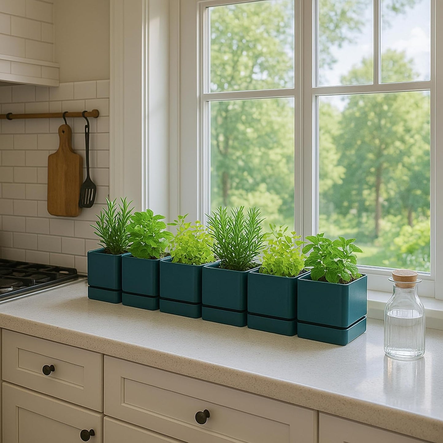 4 Inch Herb Planter Pot, Plastic Planter with Drainage Holes and Saucer, Modern Decorative Gardening Pot for Indoor Plants, Flowers, Herbs, Succulents, Green, Set of 6, 76-Y-C-6