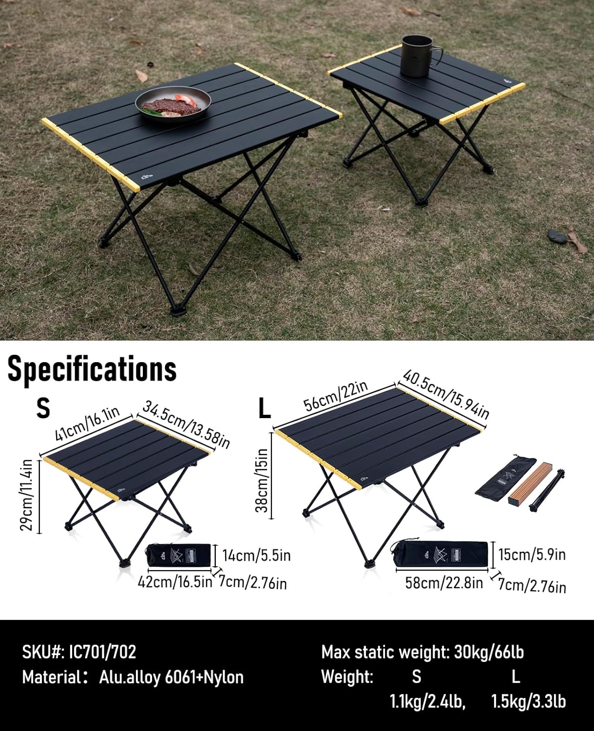 iClimb Ultralight Compact Camping Folding Table with Carry Bag (Black - L)