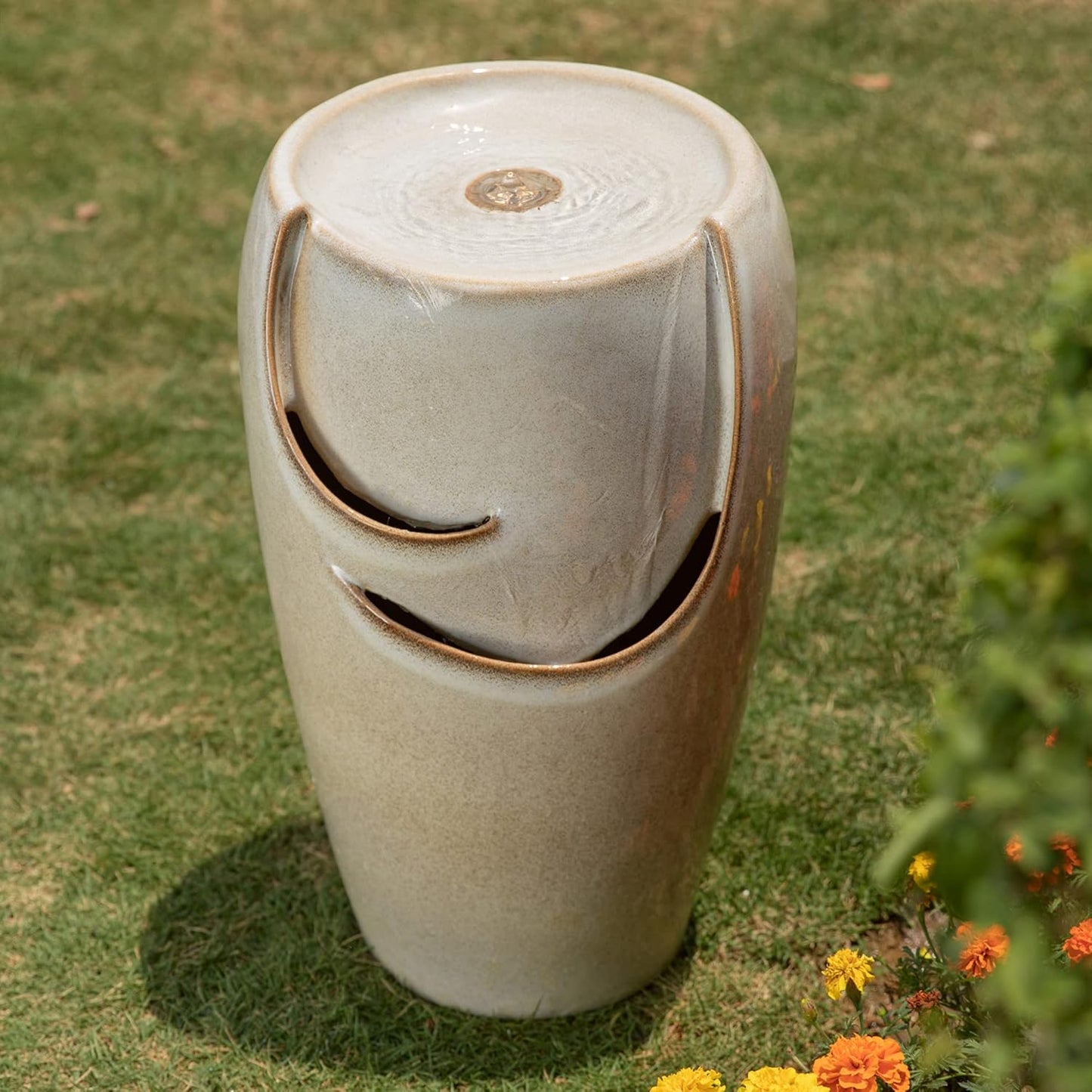 Glitzhome 21.25" H Ceramic Vase Outdoor Water Fountain Tall Patio Garden Water Fountain with LED Light and Submersible Pump Yard Art Decor, Sand Beige