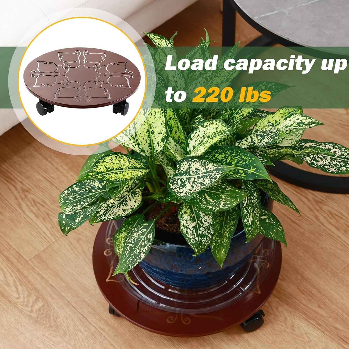 2 Packs 14 inches Large Metal Plant Caddy with Wheels Round Planter Dolly Pot Mover Rollers Wrought Iron Rolling Plant Stands Indoor Outdoor Wheeled Plant Holder Coaster Trolley, Butterfly, Brown