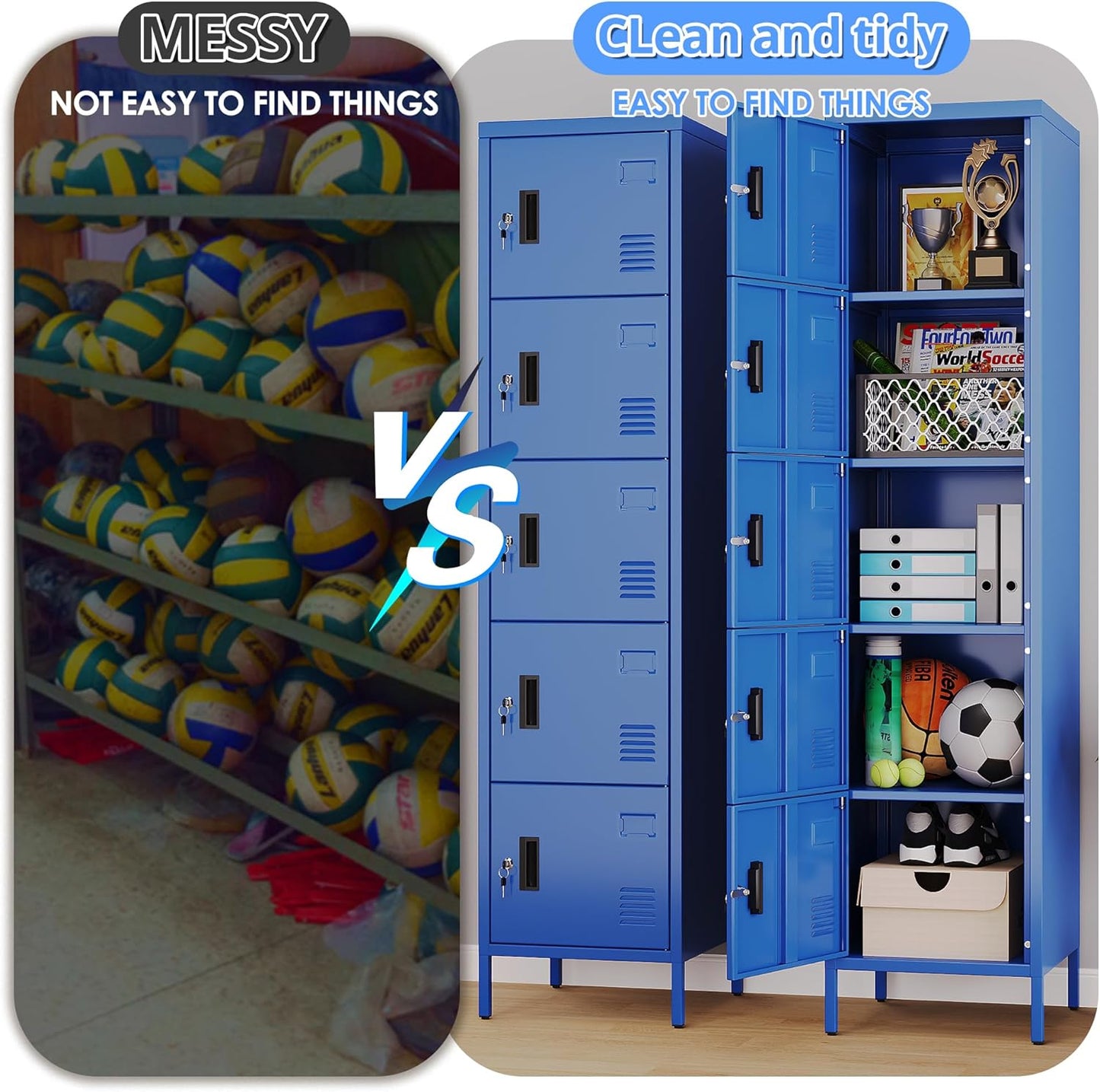 METAN Metal Storage Employees Locker with 5 Lockable Doors,Locking Storage Cabinets for Small Spaces,Home,School,Gym,Assembly Required,Blue