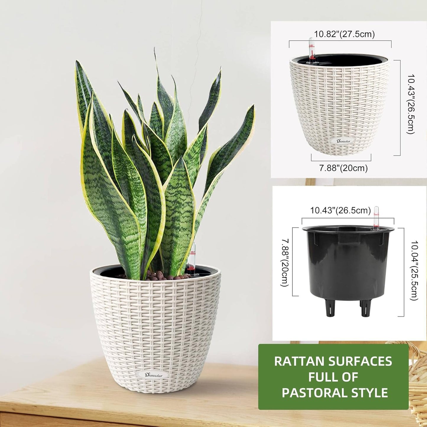 Dexceder 11x10 Inches Rattan Self Watering Planter Indoor Outdoor, Inner Pot Design, Thickened Table Flower Plant Pot with Water Level Indicator (Ivory White)