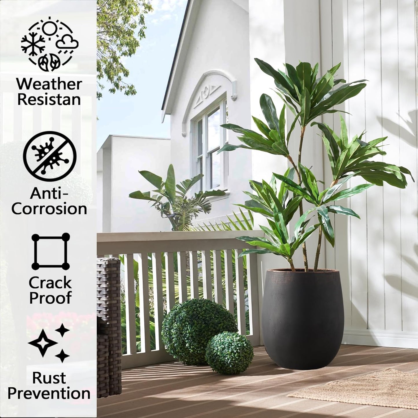 13.3" Dia x 15.3" H Concrete Planter, Outdoor Planter, Black with Gold Rim, Flower Pot with Drainage Hole and Silicone Plug, Plant Container for Garden, Patio, Home, Office, 1 Pack