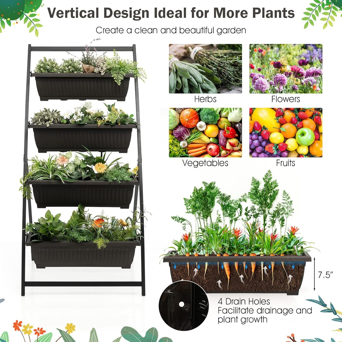 Giantex 2 Pcs 5.2FT Vertical Raised Garden Bed, 4-Tier Elevated Planter Box w/4 Containers & Drainage Holes, Indoor Outdoor Freestanding Planter for Vegetables, Herbs, Flowers, Heavy-Duty Metal Frame