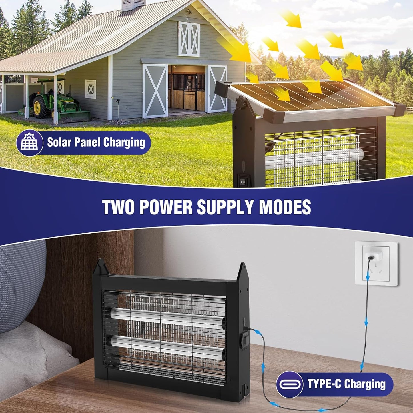 Solar Bug Zapper Outdoor, 4500V Mosquito Zapper Waterproof with Panel Sensor Electric Fly Zapper Rechargeable Mosquito Killer with 10FT Extension Cord, Fly Trap Ideal for Patio, Backyard, Camping