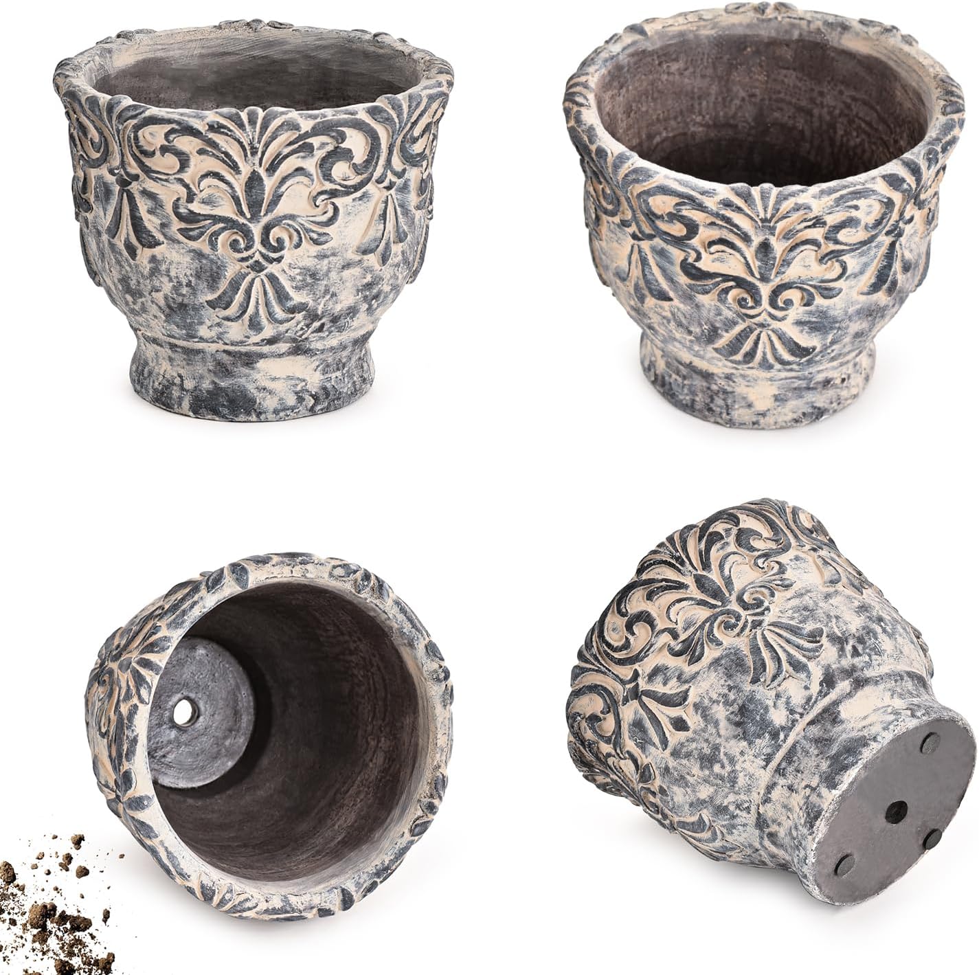 Sungmor 7.3 Inch Cement Plant Pot for Plants, Succulent Planter with Embossed Design, Vintage Concrete Flowerpots with Drainage Hole, Decorative Orchid Houseplant Pot Indoor Outdoor Plant Container