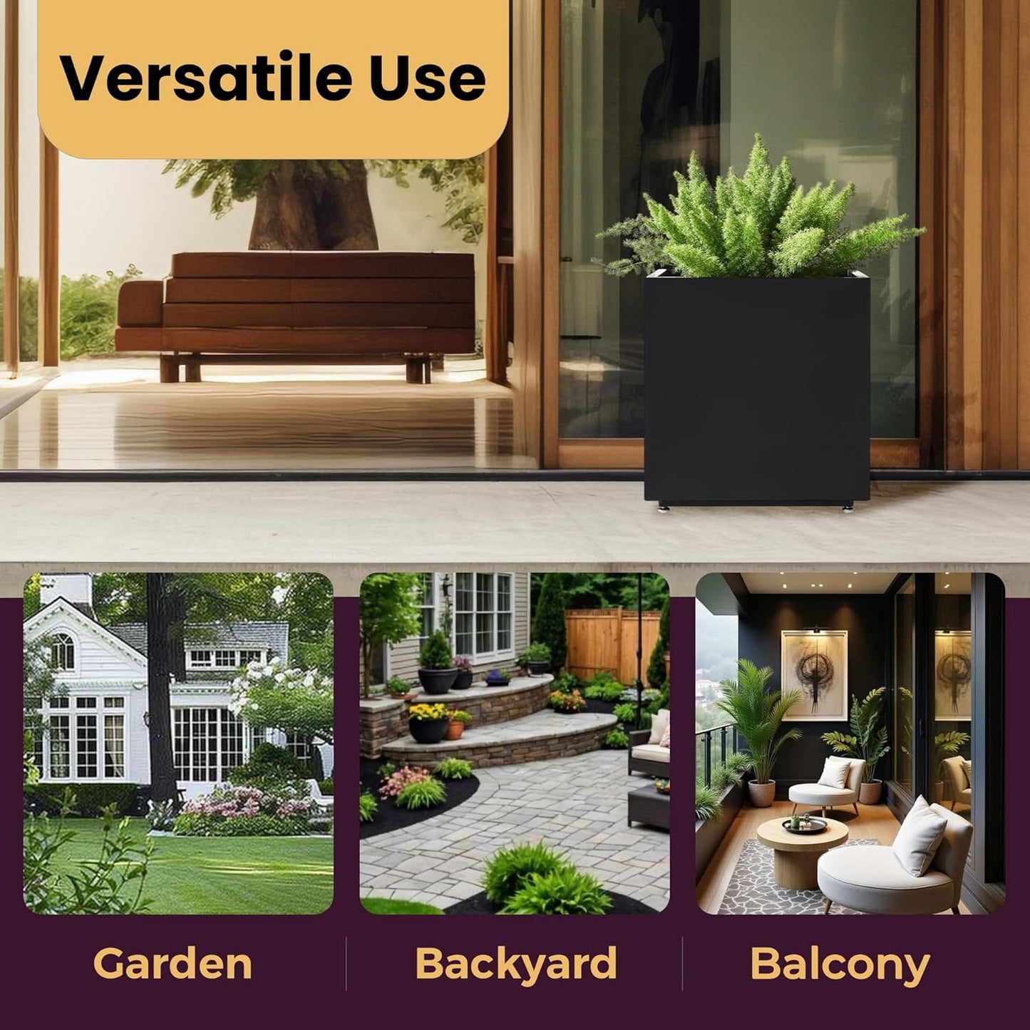 Large Metal Outdoor Planter Box 20Wx20Dx21.5H, Galvanized Steel Cube Planters for Outdoor Plants, Easy Assembly - 5mins Quick Install, Large Square Flower Pot for Patio, Deck, Garden, Yard, Black