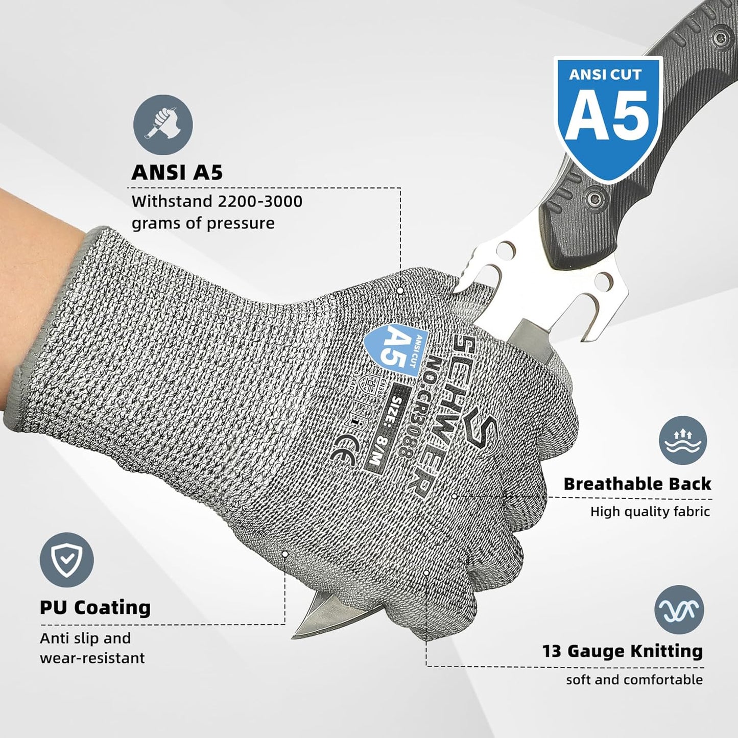 240 Pairs ANSI A5 Cut Resistant Work Gloves, Cut Proof Gloves with PU Coating, Used for Metal Fabrication, WoodWorking, Construction, Non Slip, Durable, S, CR3088