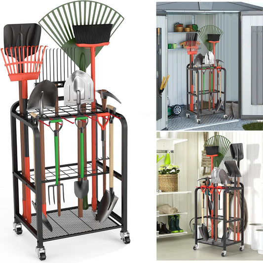 Trieez Garden Tool Organizer for Garage, Yard Tool Organizer with Wheels for Garage Organization and Storage - Sturdy Yard Tool Holder Tool Rack, for Shed, Outdoor, Tool Stand