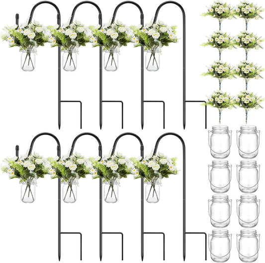 8 Sets Wedding Aisle Decoration Include 16 oz Rose Daisy Hanging Mason Jar 32" Shepherds Hooks Rustic Mason Jar with Faux Rose and Daisy for Outdoor Wedding Isle Ceremony Decorations