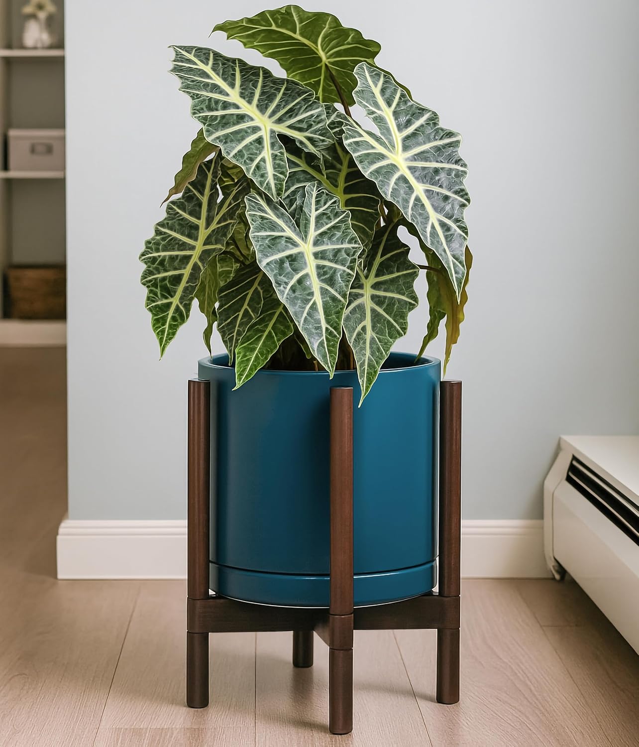 D'vine Dev Ceramic Planter with Walnut Color Stand - 12 Inch Modern Round Flower Pot with Wood Planter Holder, Teal, 55-B-W-4