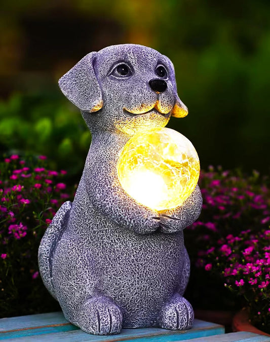 Dog Garden Statues - 8.4 Dog Decor with Gazing Ball LED Lights, Unique Gifts for Mom Grandma Birthdays, Outdoor Decor for Outside Lawn Porch Patio (Gray)