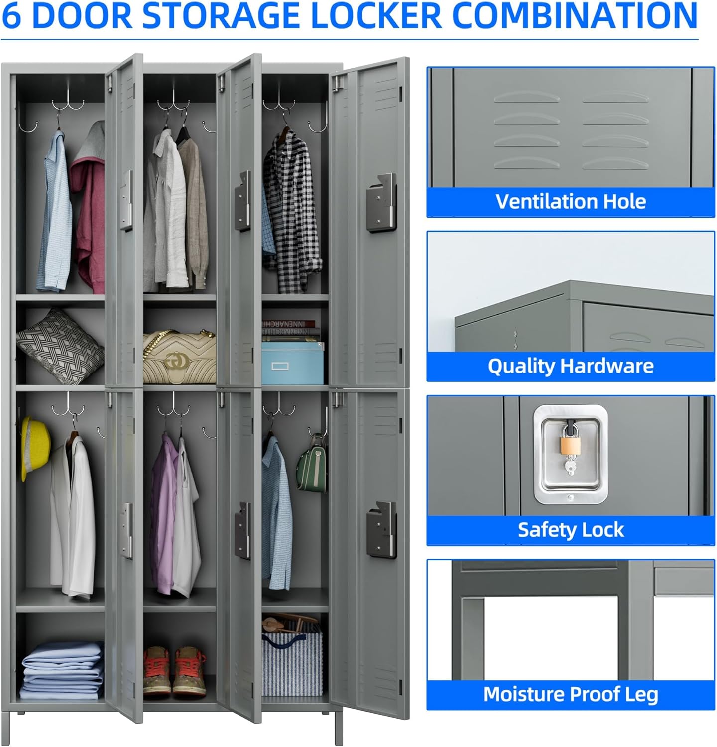 6 Doors Metal Lockers for Employees with Lock,Metal Storage Locker for Employees with 18 Hooks for School,Office, Gym,Home,Assembly Required,6 Doors Light Grey