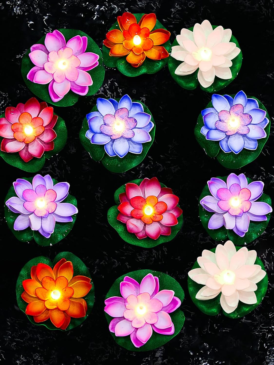 Hortsun 12 Pcs Floating Lotus Lights with Batteries Lily Pads Pool Flowers Diwali Pooja Decorations Floating Candles Decor for Pool Pond Outdoor Indoor(5.91 Inch,Multicolor)
