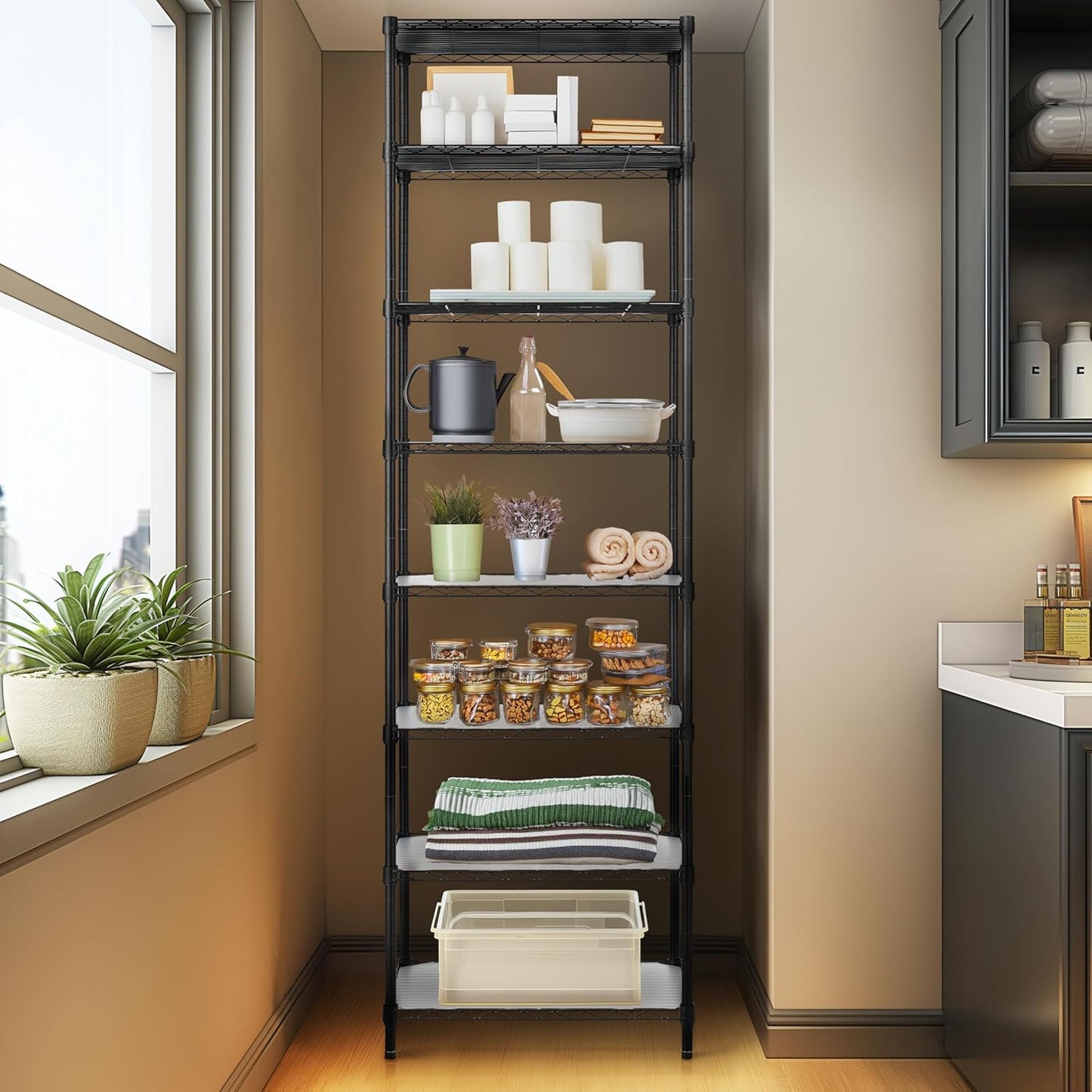 Finnhomy 8-Tier Wire Shelving Unit Adjustable Steel Wire Rack Shelving, 80.7 Inches Height 8 Shelves Metal Storage Rack, Pantry Shelves for Storage with PE mat, NSF Certified, Black