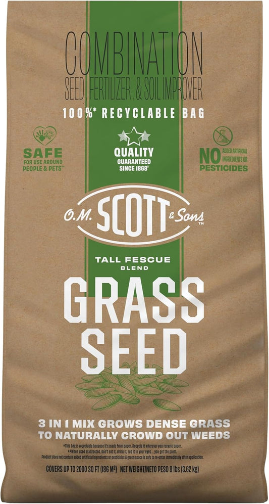 O.M. Scott and Sons Tall Fescue Blend Grass Seed, Fertilizer and Soil Improver, Naturally Crowds Out Weeds, Covers Up to 2,000 sq. ft., 8 lbs.