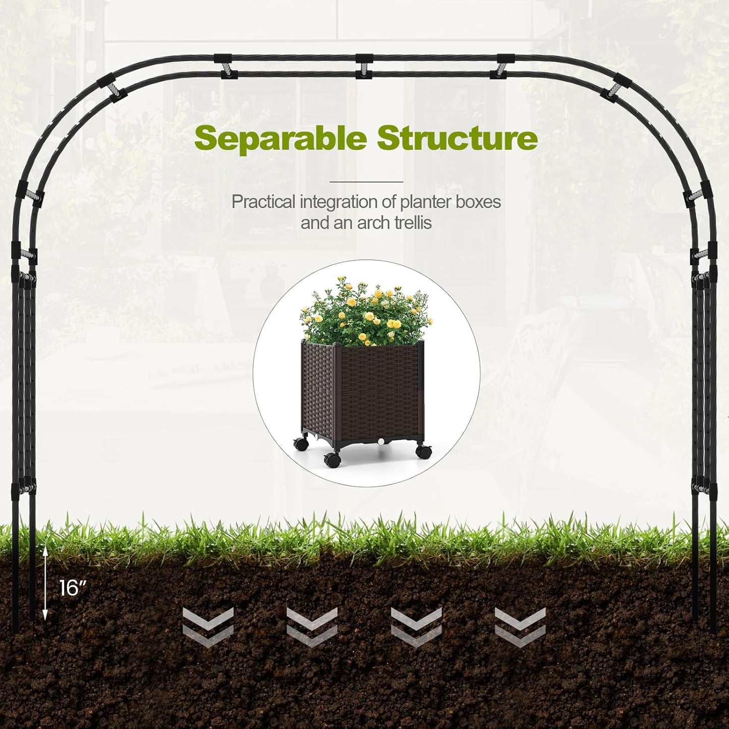 Happygrill 80" Garden Arch Trellis, Metal Archway Pergola with 2 Planter Boxes, Detachable PE-Coated Metal Tubes, Self-Watering System & Lockable Wheels, Outdoor Arbor for Climbing Plants
